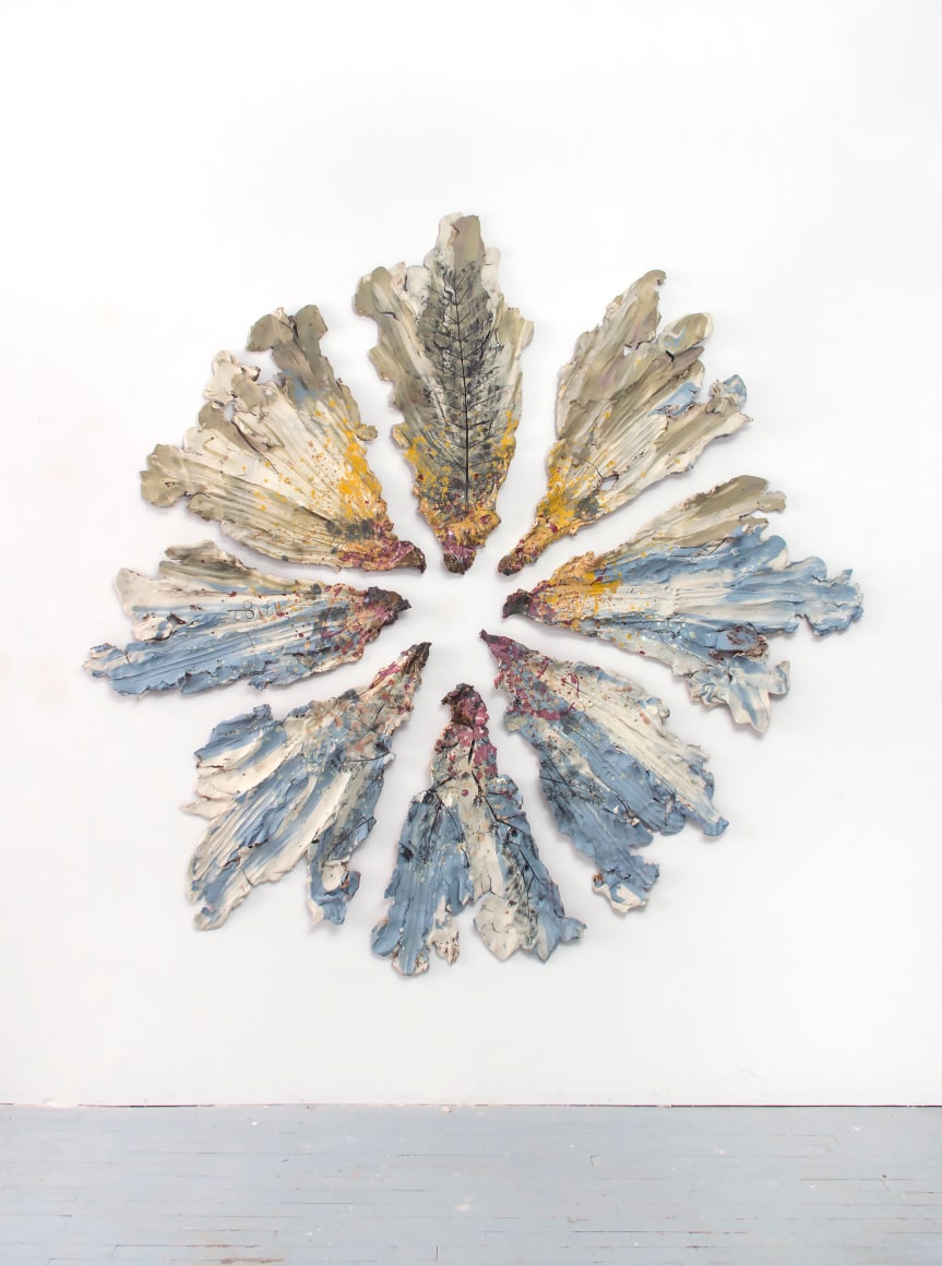 Brie Ruais  Spreading out From Center, 132 lbs (Vacant Lot Botanicals September 2019), 2019  glazed and pigmented stoneware, hardware  80 x 78 x 2 inches