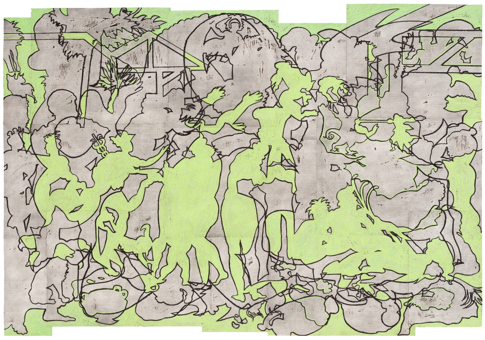 Bo Joseph  Chasing Ghosts, 2019  oil pastel, acrylic and tempera on joined paper  55 3/4 x 80 3/8 inches