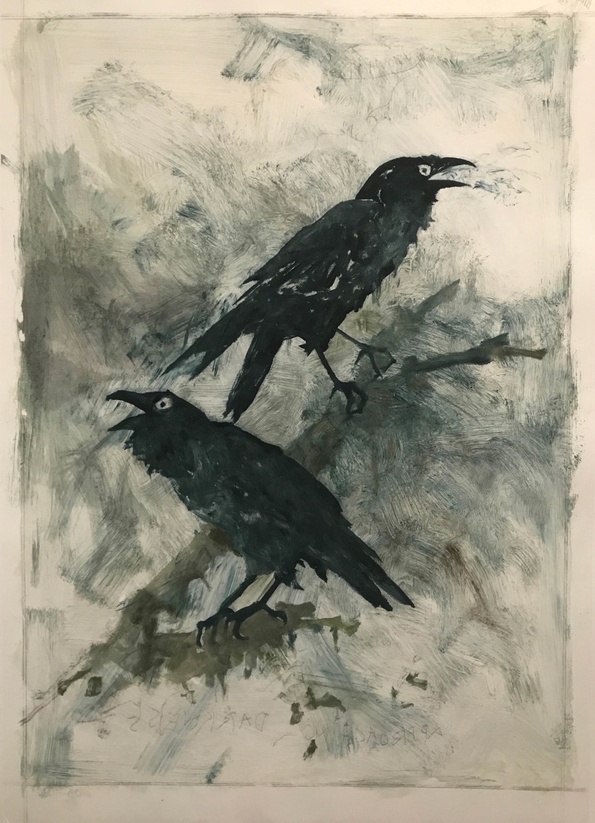 John Alexander  Difference of Opinion, 2017  monotype on Fabriano Rosaspina paper  39 x 27 1/2 inches