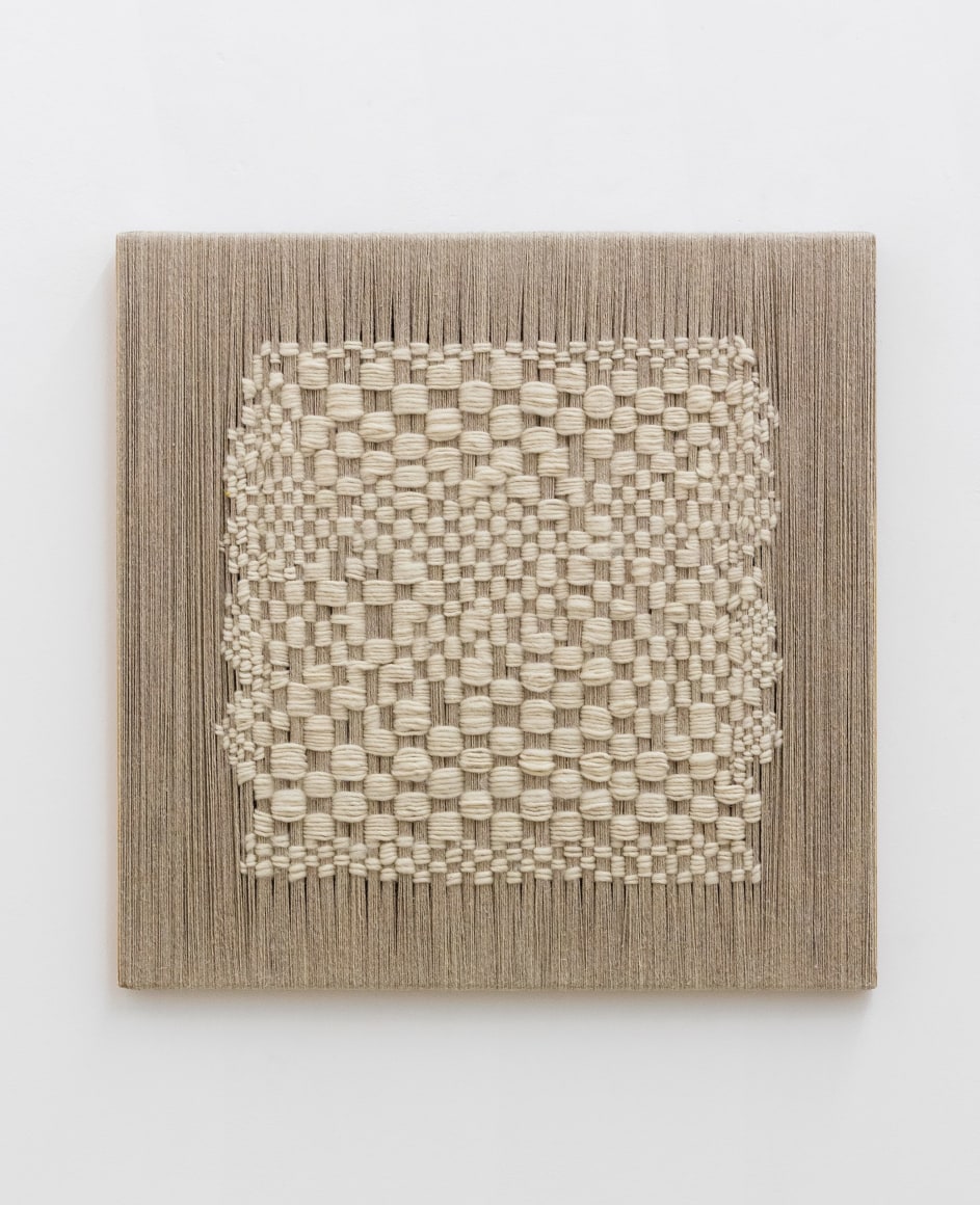 Sheila Hicks Trying to be warp &amp; wept, 2020 linen and wool on wood and aluminum 23 5/8 x 23 5/8 inches