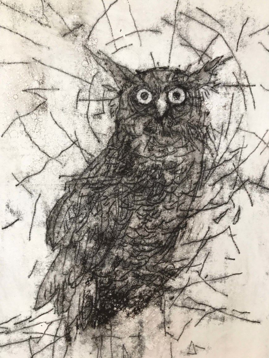 John Alexander  Electric Owl, 2017  monotype on Fabriano Rosaspina paper  39 x 27 1/2 inches