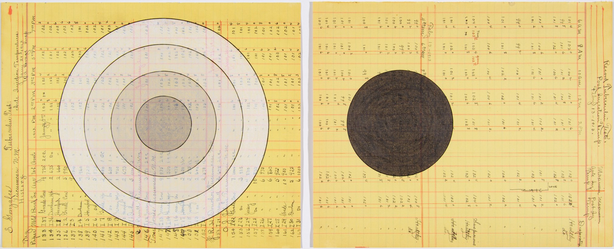Terran Last Gun Capturing Meaningful Forces, 2025 ink and colored pencil on diptych antique ledger sheets (dated 1913) paper size combined: 9 7/8 x 24 inches