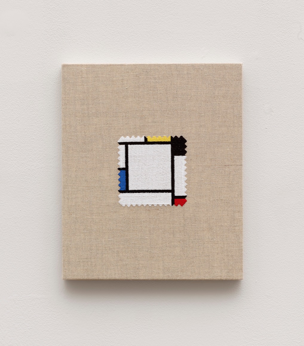 Elaine Reichek,  Swatch, Mondrian, 2012,  digital embroidery on linen,  12 x 10 inches,  edition of 3