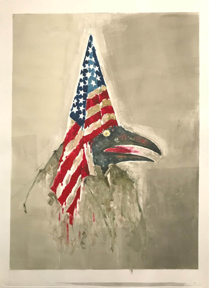 John Alexander  Raven Maniac, 2017  monotype on Fabriano Rosaspina paper  39 x 27 1/2 inches