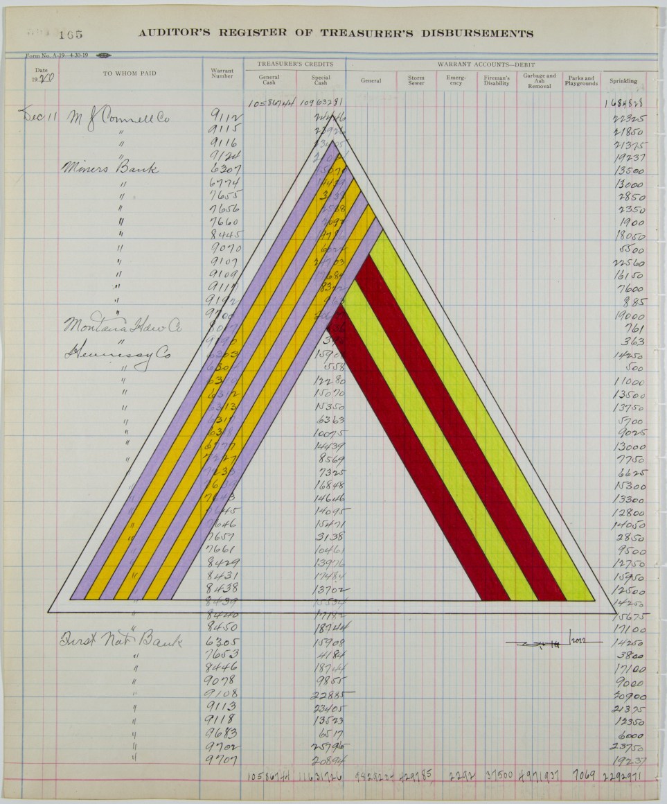 Terran Last Gun Odd Daydream, 2022 Ink and colored pencil on antique &ldquo;City of Butte, Montana, Auditor&rsquo;s Register of Treasurer&rsquo;s Disbursements&rdquo; ledger sheet (dated 1920); Watermark: Triumph Linen Ledger, Minneapolis Paper Co., Minneapolis, Minnesota. 16 3/4 x 13 7/8 inches