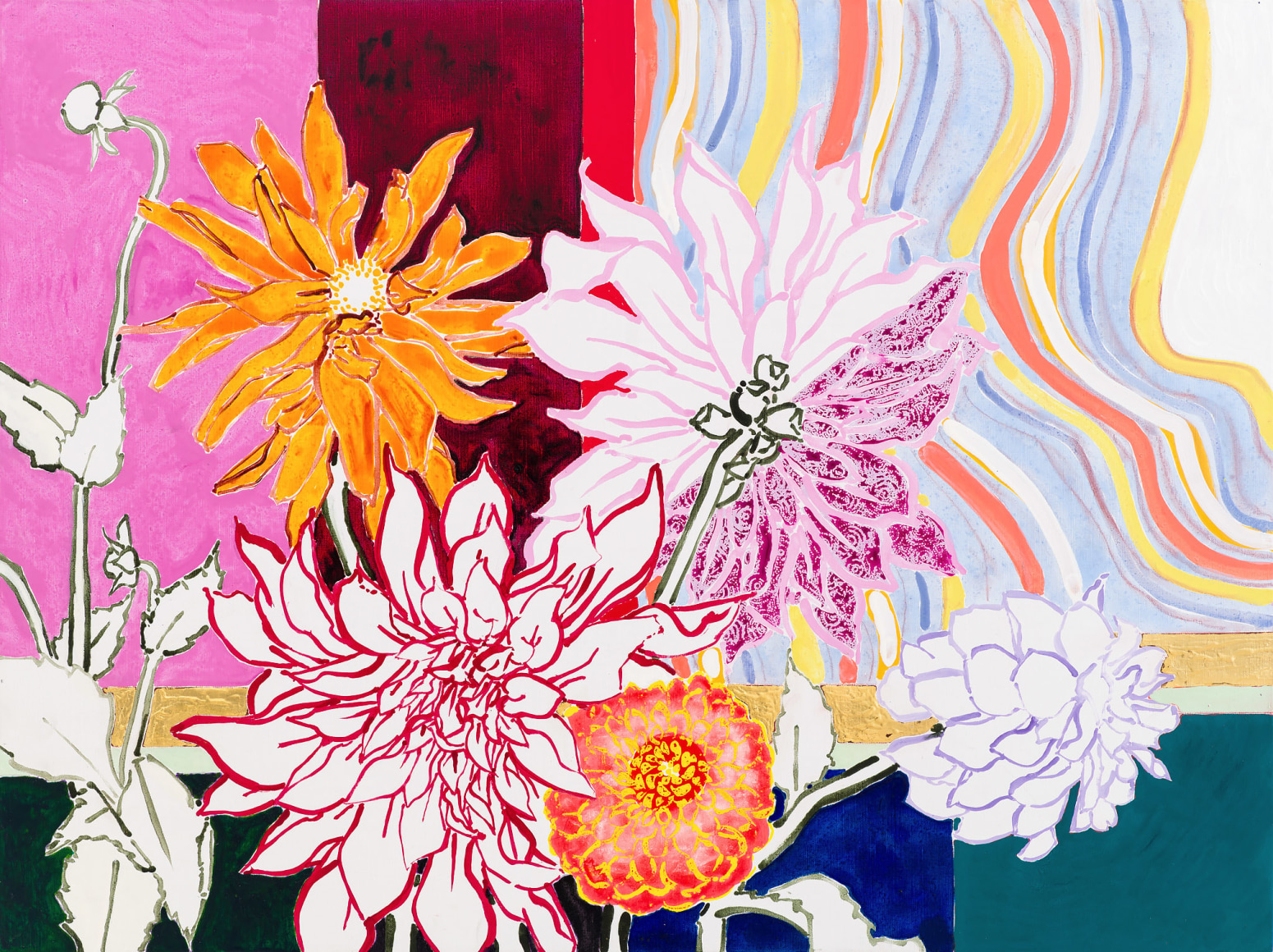 Robert Kushner Santa Ana Wind, 2024 acrylic, oil, gold leaf on canvas 36 x 48 inches