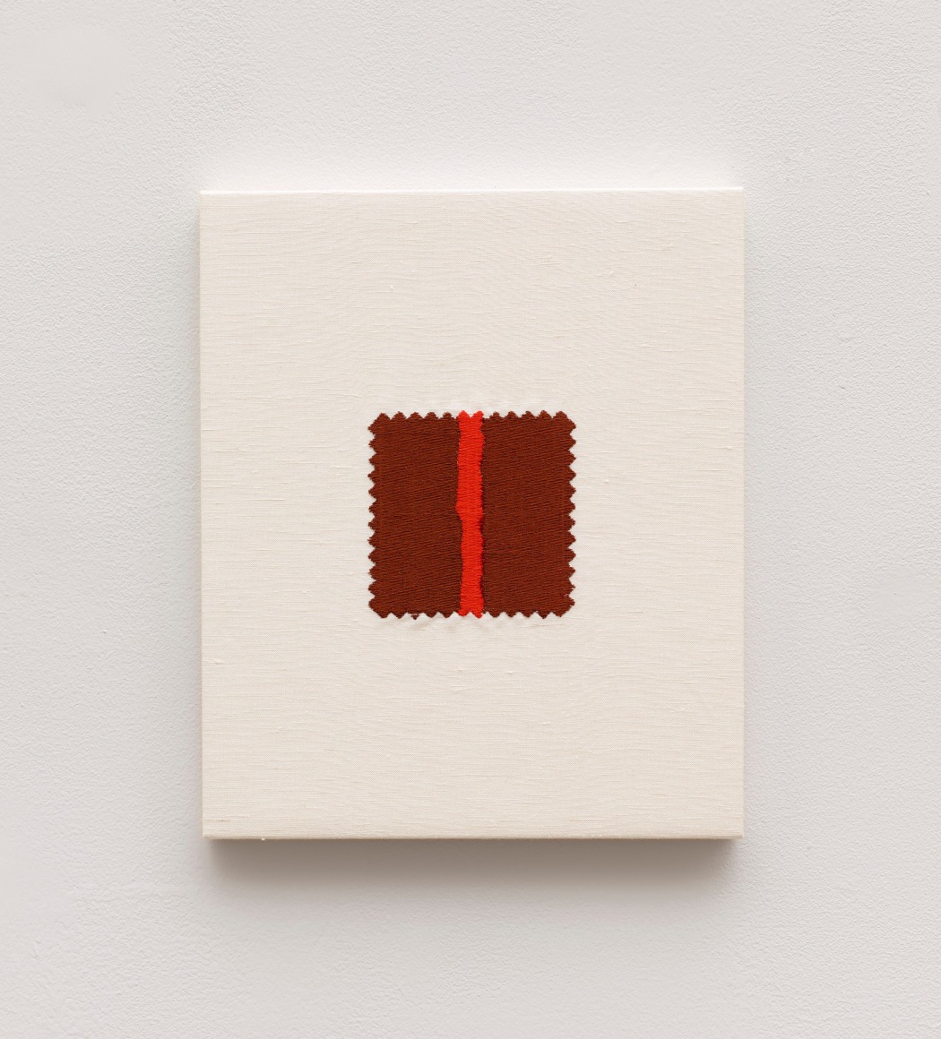Elaine Reichek,  Swatch, Newman, 2006,  digital embroidery on linen,  12 x 10 inches,  edition of 3