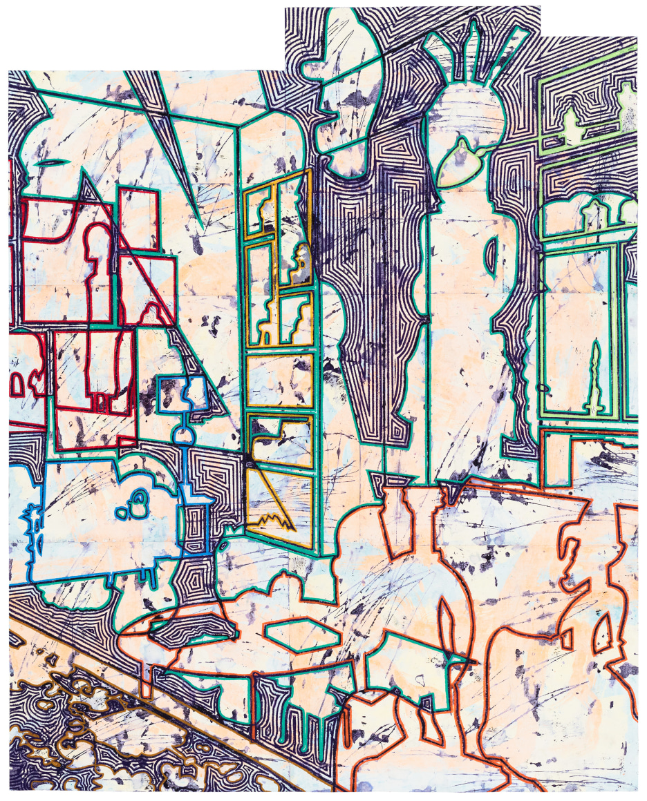 Bo Joseph Holding Spaces: Communion or Confinement?, 2023 Signed, titled and dated 6/7/23 on reverse Oil pastel, acrylic and tempera on joined paper 59 5/8 x 48 inches Frame: 65 3/8 x 53 7/8 inches