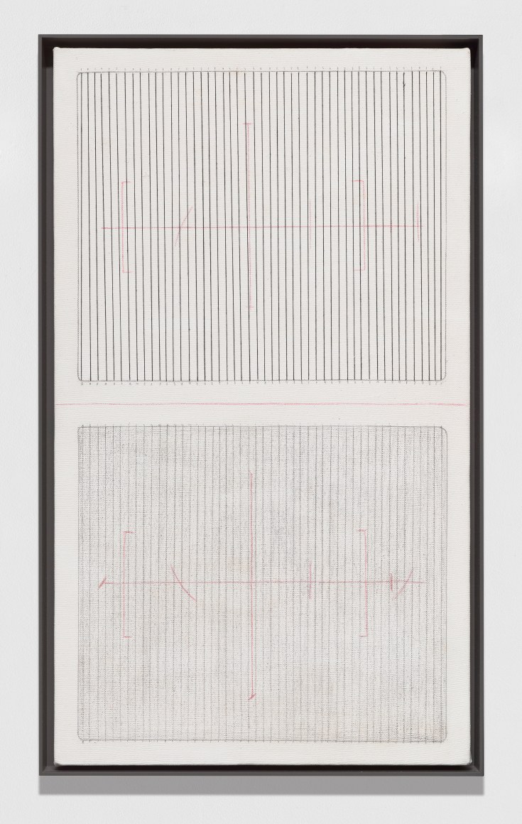 Elaine Reichek Untitled , 1973 gesso, thread, graphite, and colored pencil on canvas canvas: 24 x 14 inches frame: 24 5/8 x 14 3/4 inches