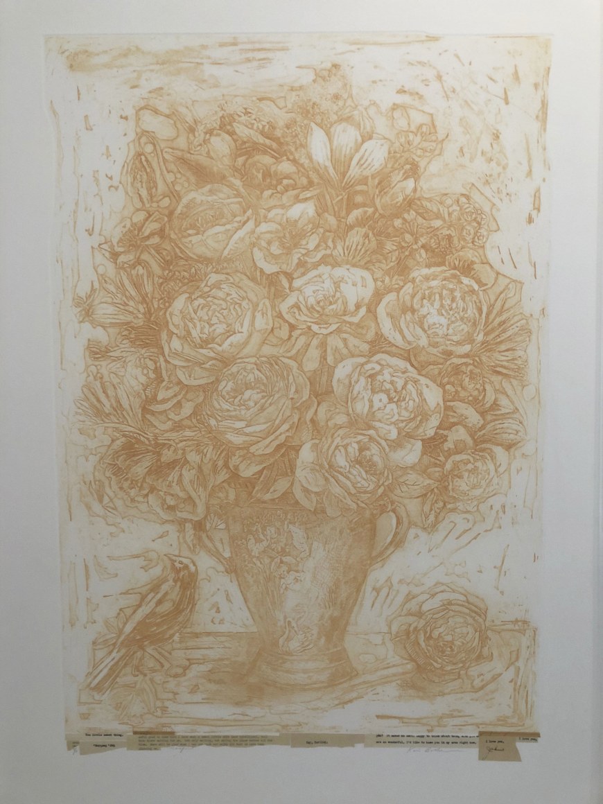 Karin Broker etching with collage Kay Darling. I love you, Johnny