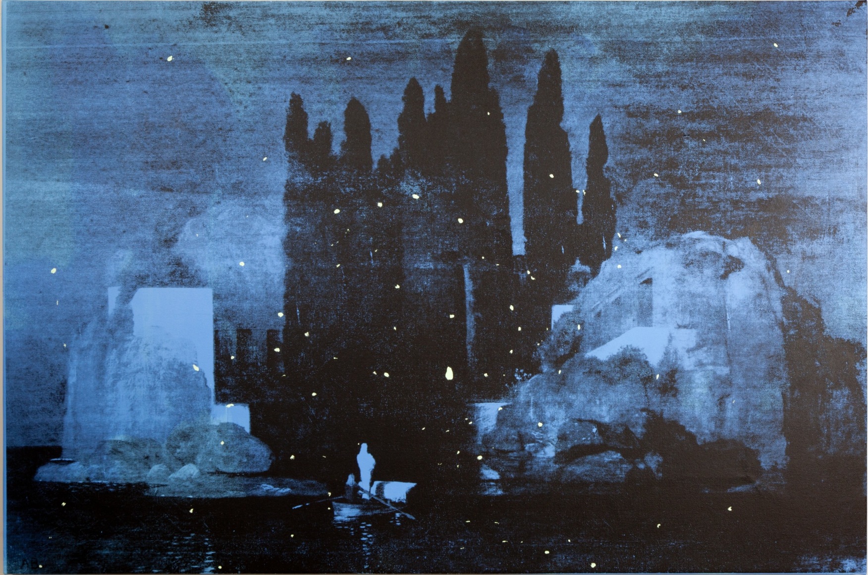 THE BRUCE HIGH QUALITY FOUNDATION Isle of the Dead, 2014 silkscreen, acrylic paint on canvas 80 x 120 inches inquire
