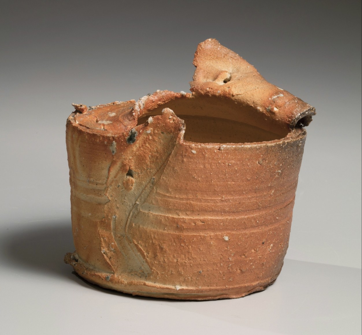 Yakishime&nbsp;Shigaraki low ceramic can with &quot;peeled back&quot; mouth, 1985