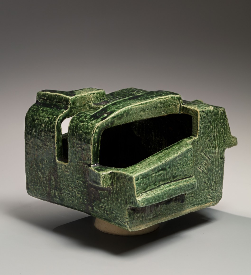 Oribe-glazed sculpted vessel&nbsp;, ca. 1960