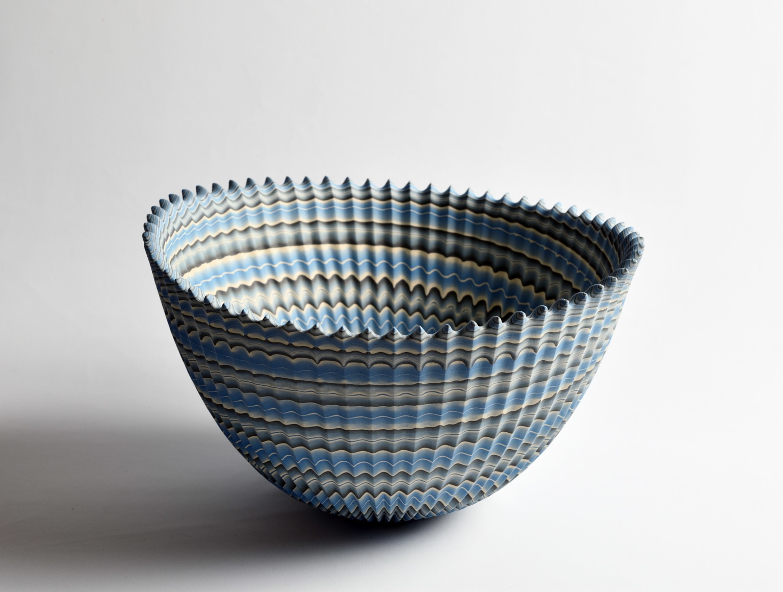 Ogata Kamio (b. 1949), Neriage (marbleized) bowl with&nbsp;carved, ridged surface and&nbsp;mouth with spiked edges titled &ldquo;Thorn&rdquo;