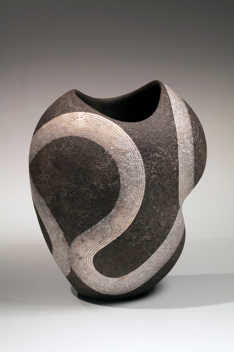 Iguchi Daisuke (b. 1975), Organic lobed vessel with large mouth, tapered foot and silver meander pattern