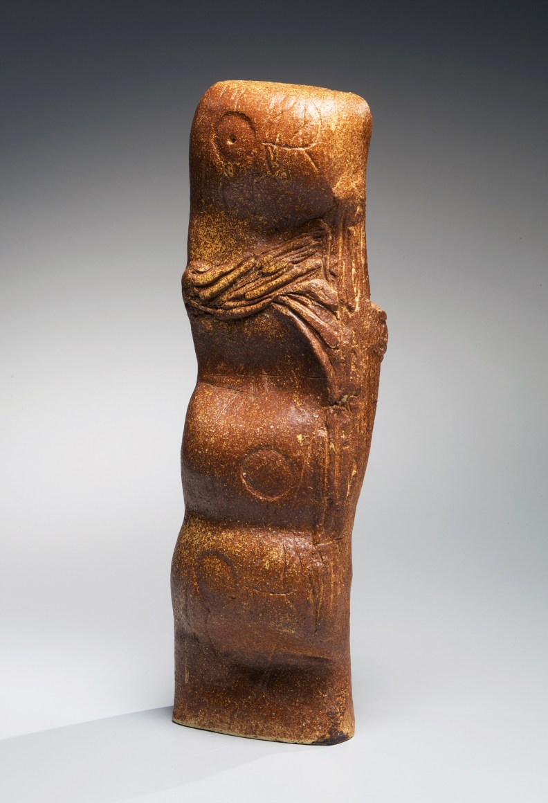 Kumakura, Junkichi, Kumakura Junkichi, sodeisha, avant-garde, ceramics, Japanese, Japanese ceramics, modern, clay, pottery, tall, undulating, amber, irabo, glazed, sculpture, abstract, incised, design, 1966