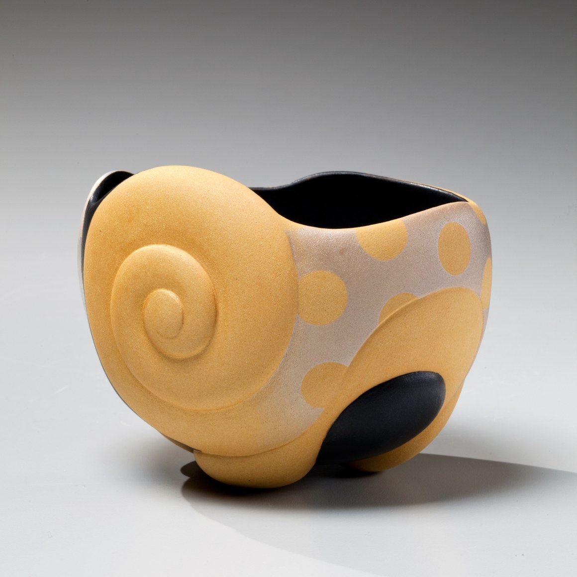 Takemura,Yuri, Takemura Yuri, circus, carved, teabowl, black, silver, yellow, swirl, polka, dot, design, matte, glazed, stoneware, contemporary, art, japan, japanese, ceramics, pottery, clay, 2015, contemporary japanese ceramics, gallery, mirviss