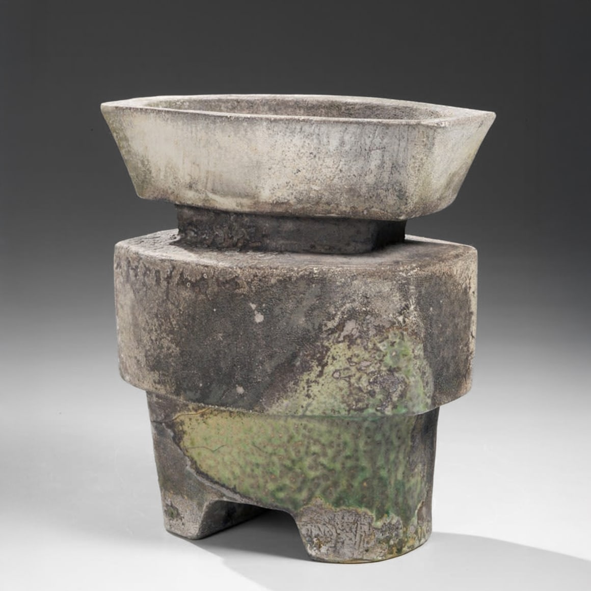 Footed, three-part, tiered jar with floating, flared mouth