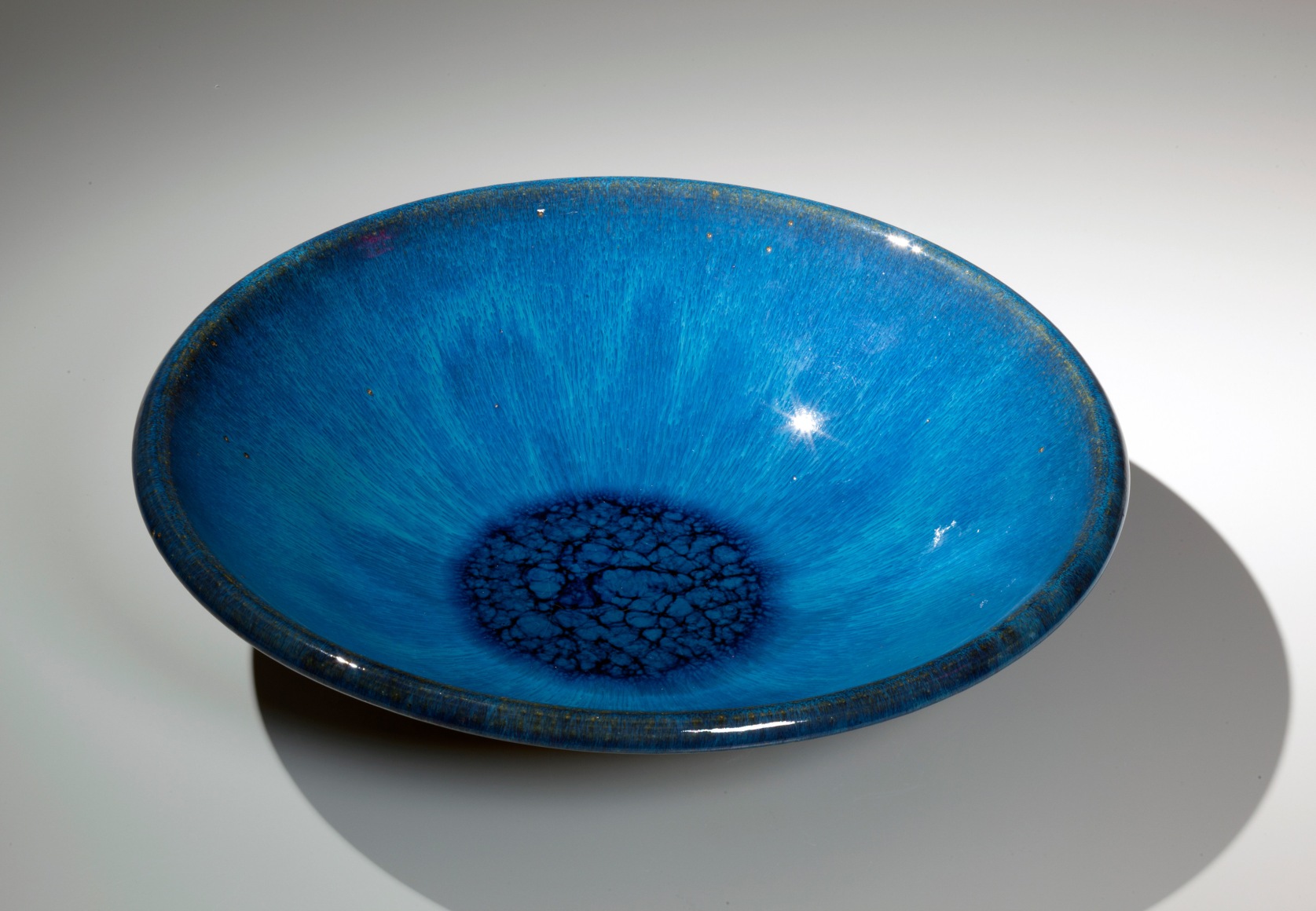 Kumakura, Junkichi, Kumakura Junkichi, sodeisha, avant-garde, ceramics, Japanese, Japanese ceramics, modern, clay, pottery, blue, glazed, low, bowl, flared, beveled, rim, pooling, unctuous, glaze, 1970