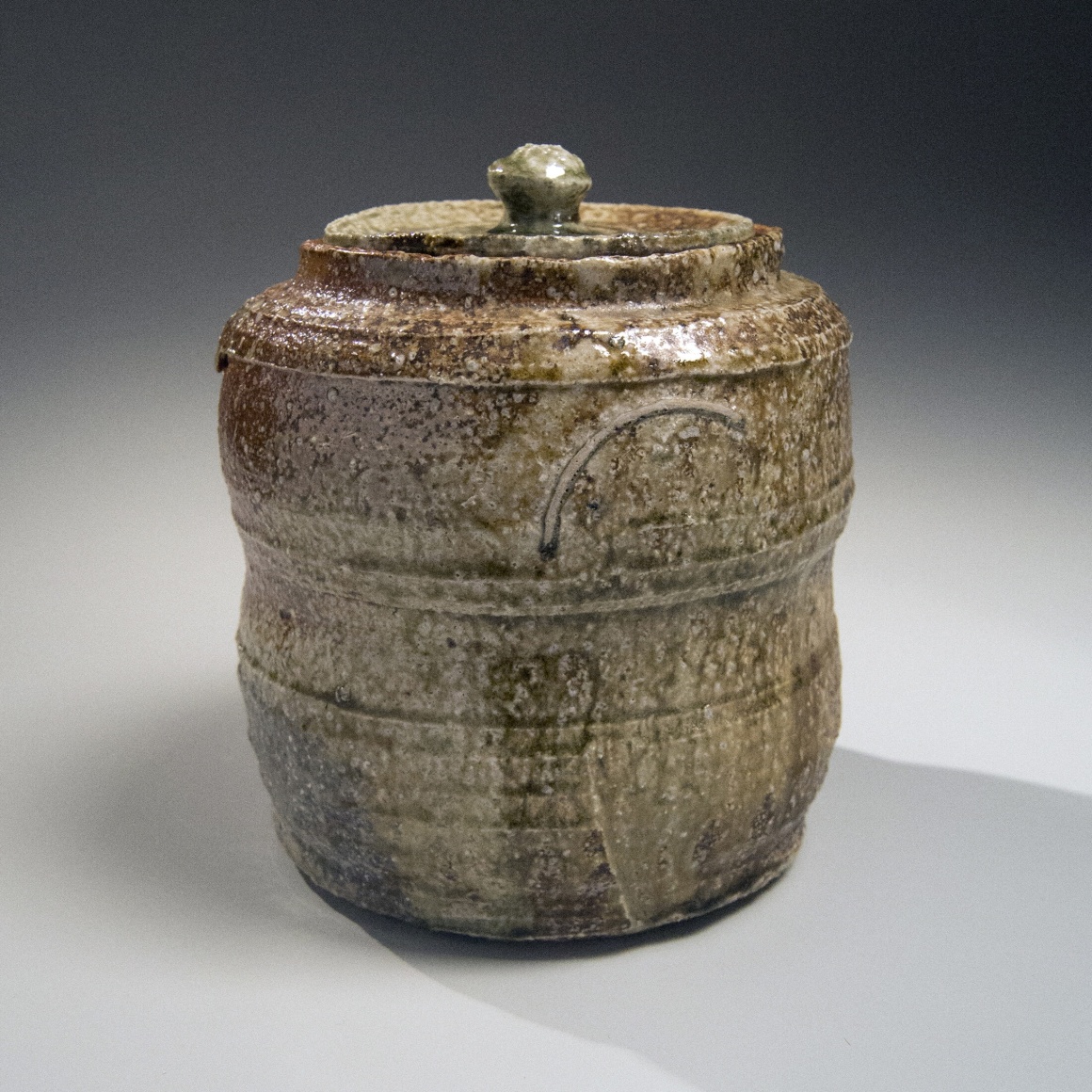 Yakishime Shigaraki waterjar with uneven waist, crescent-shape sagar mark and matching cover, ca. 1977