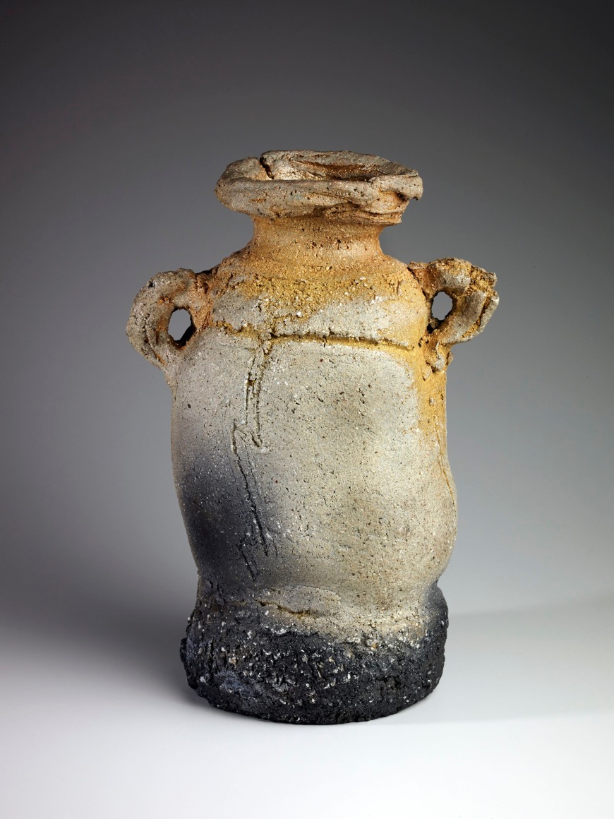 Unglazed, wood-fired, undulating eared vase with raised neck, flared mouth and incised patterning, 2016