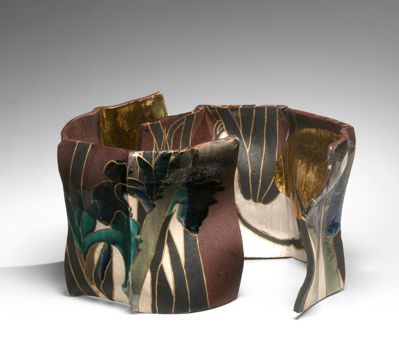 Two-part pleated sculpture with rinpa-inspired iris pattern, 2019