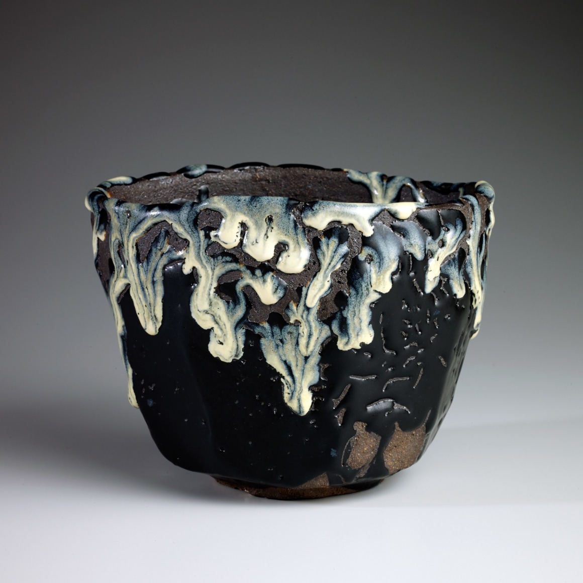 Tanaka, Sajiro, Tanaka Sajiro, black, karatsu, tapered, teabowl, chawan, dripping, ash, glazed, ash-glazed, stoneware, 2014, contemporary, traditional, ceramics, Japanese, Japan, Japanese ceramics, contemporary Japanese ceramics, pottery, tea, art gallery, art, New York, NYC