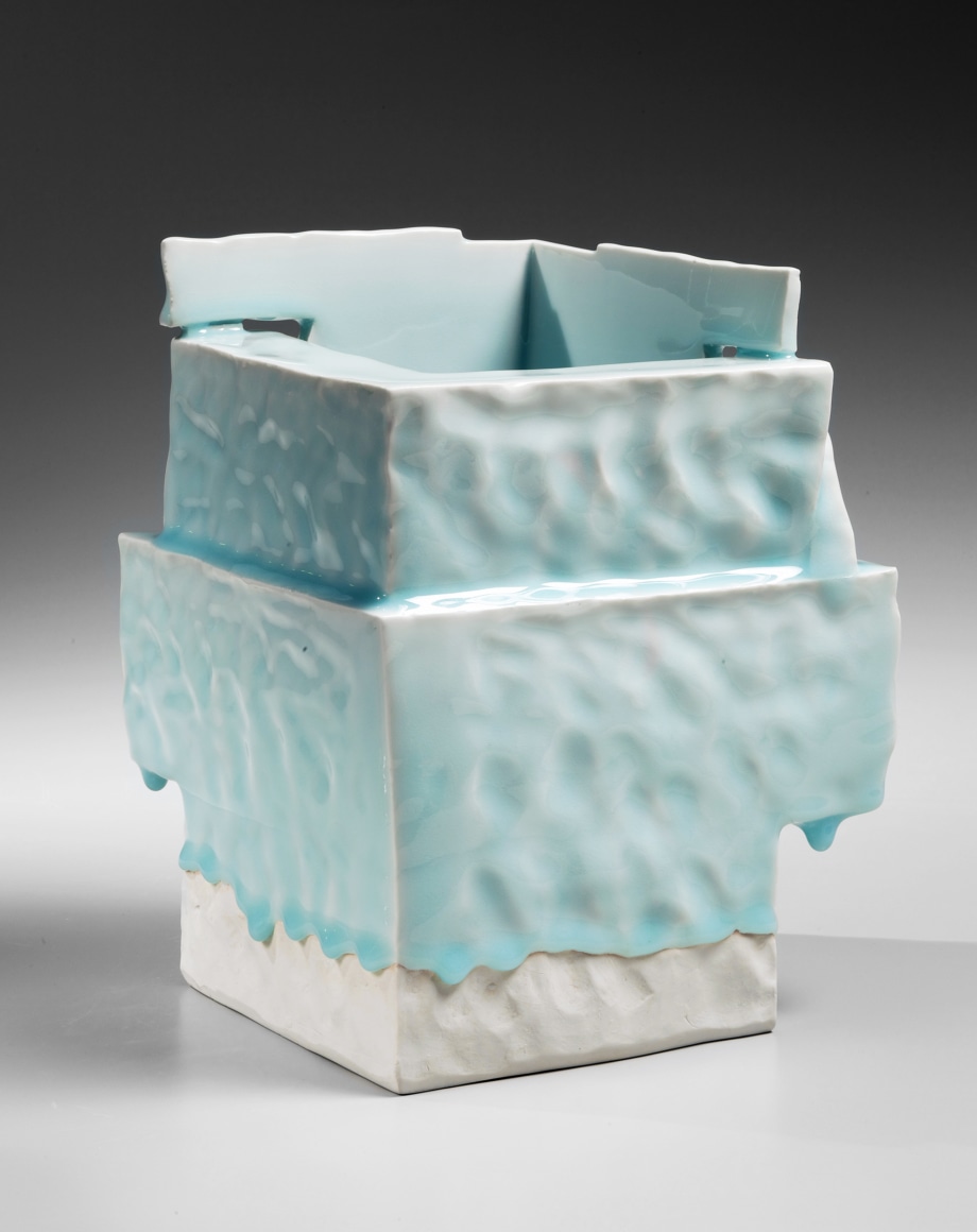 Yoshikawa, Masamichi, Yoshikawa Masamichi, hand-built, cube-shaped, ancient, Chinese, house, sculpture, bluish-white, seihakuji, glaze, 2012, porcelain, contemporary, ceramics, clay, Japanese, Japanese ceramics, Japan, pottery