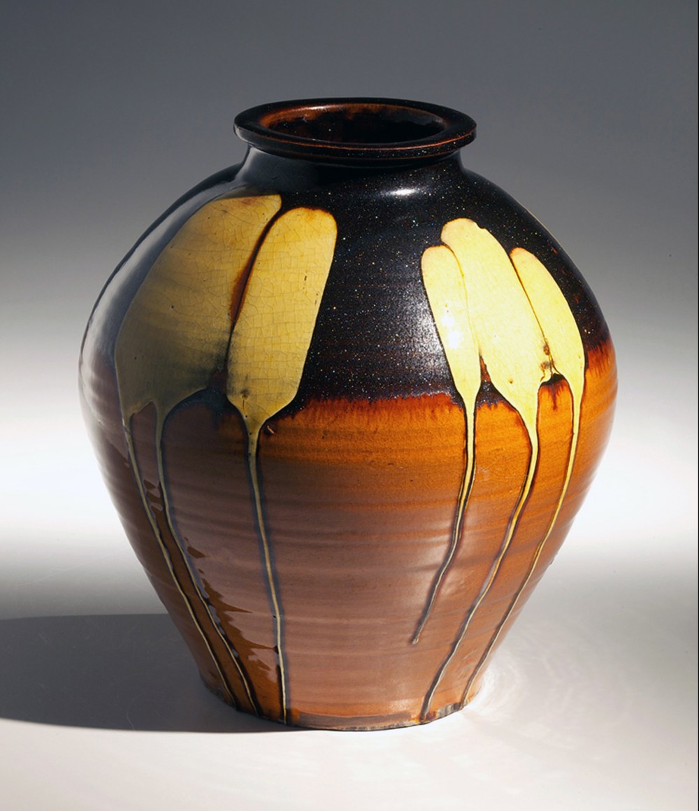 Kawai, Kanjiro, Kawai Kanjiro, tetsuyu, iron, glazed, stoneware, ceramic, Japanese, modern, antique, ceramics, 1930, yellow, drips, brown, orange, iron-glazed