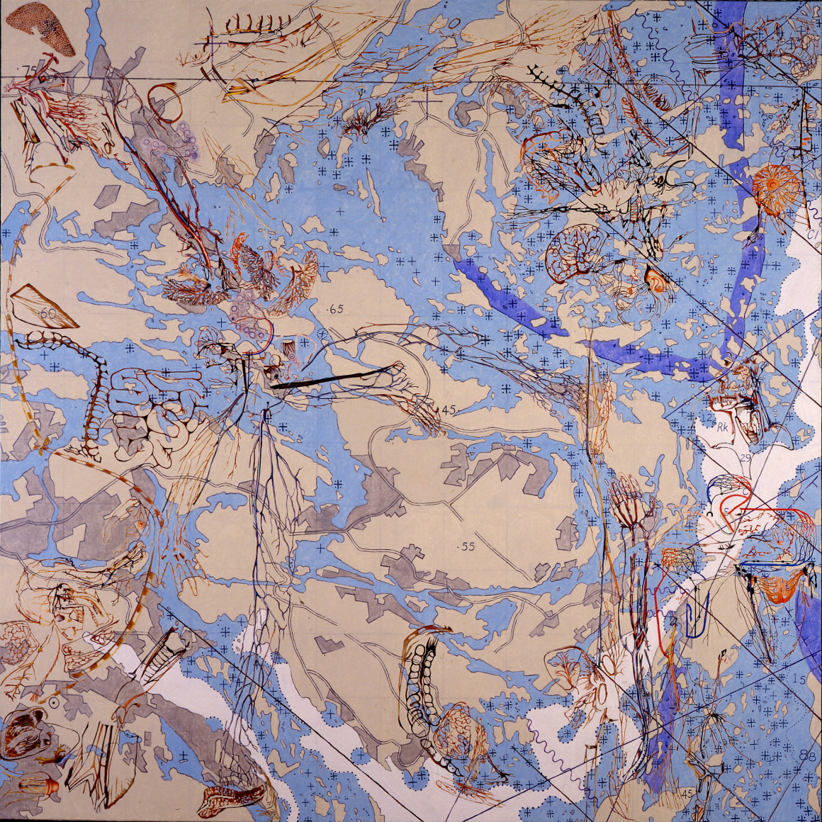 Bodies of Water, 1997 Acrylic and collage on canvas 82 1/2 x 82 1/2 inches with frame