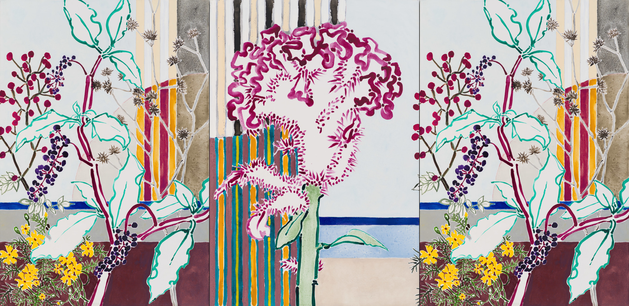 Autumn Triptych, 2024 Oil, acrylic, and cont&eacute; crayon on canvas 38 x 78 inches