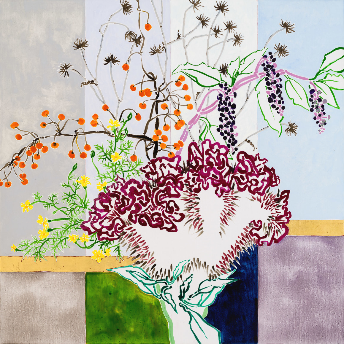 Fall Celosia, 2024 Oil, acrylic, and gold leaf on linen 48 x 48 inches
