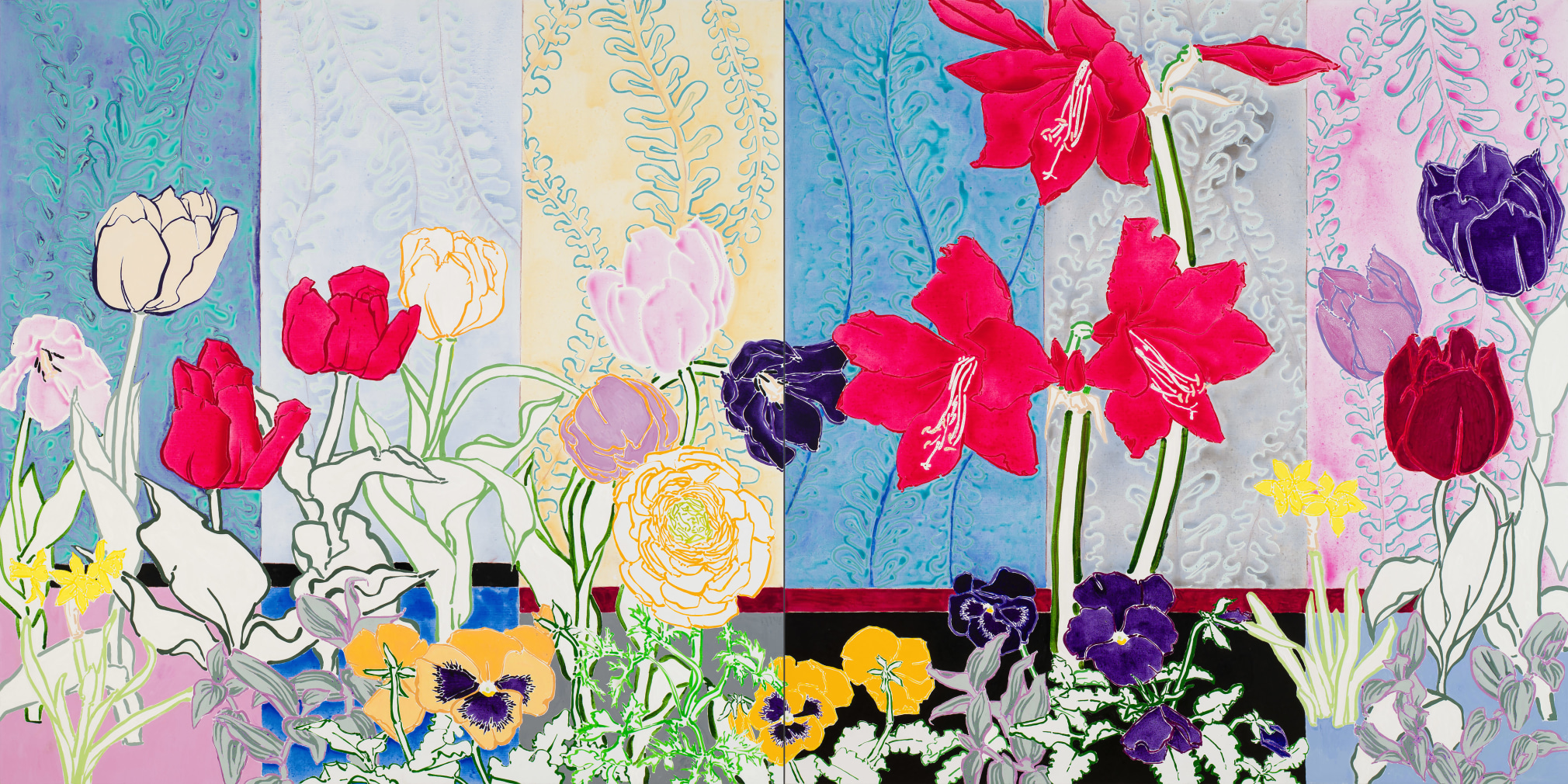 Robert Kushner, Keukenhof, 2022. Oil, acrylic, and cont&eacute; crayon on linen, 72 x 144 inches