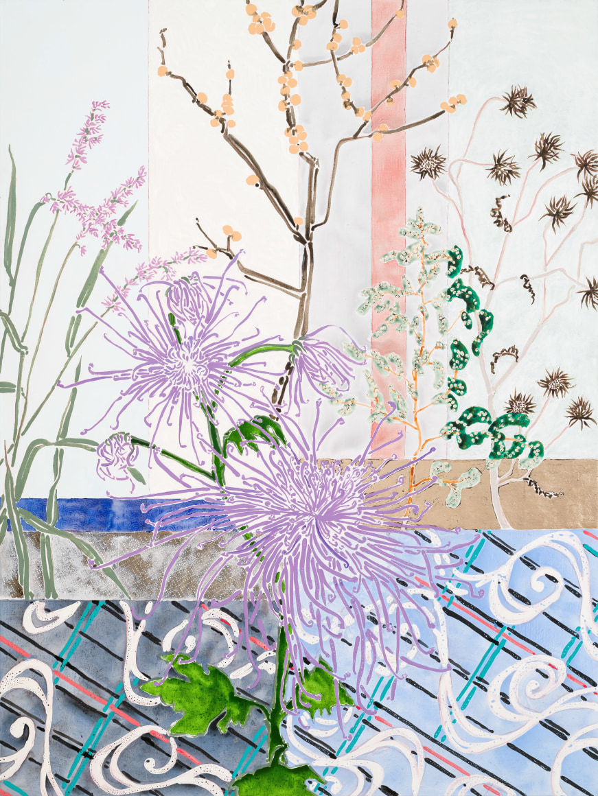 Chrysanthemum Fireworks, 2024 Oil, acrylic, gold leaf, and cont&eacute; crayon on canvas 72 x 54 inches