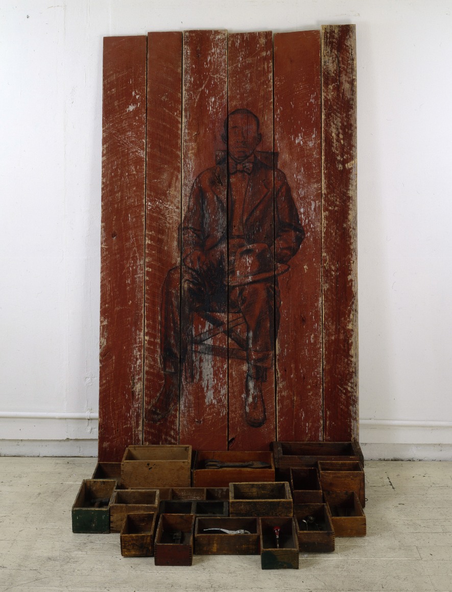 Workings, 1999 Charcoal on wood, found objects