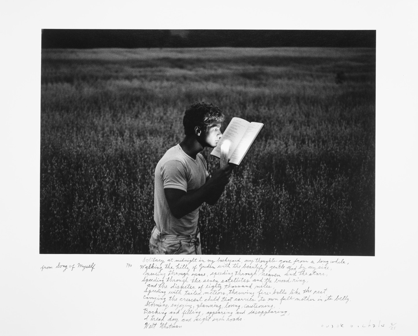 Solitary at Midnight, 1995 Gelatin silver print with hand-applied text 10 &frac12; x 15 &frac12; inches (image); 16 x 20 inches (paper) Edition 2/25