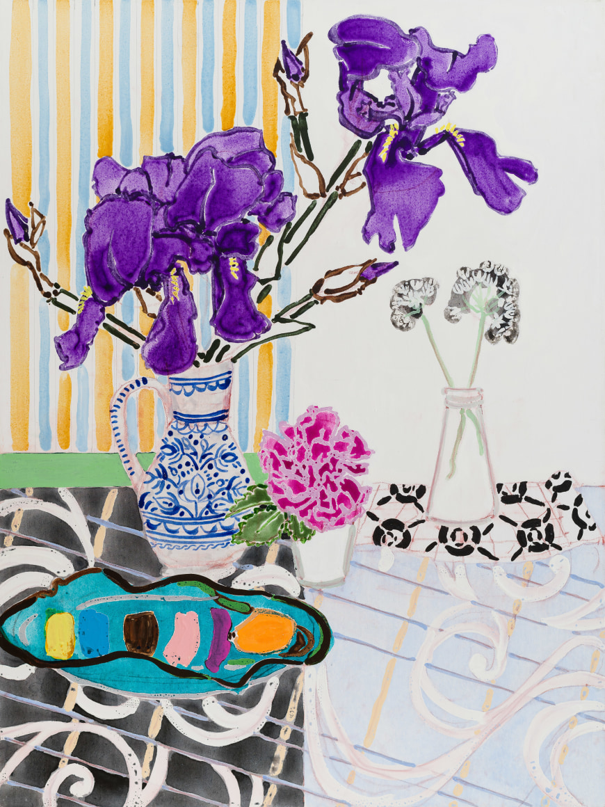 Antella Curtain and Window: Iris, 2023 Oil, acrylic, cont&eacute; crayon, and pencil on canvas 48 x 36 inches