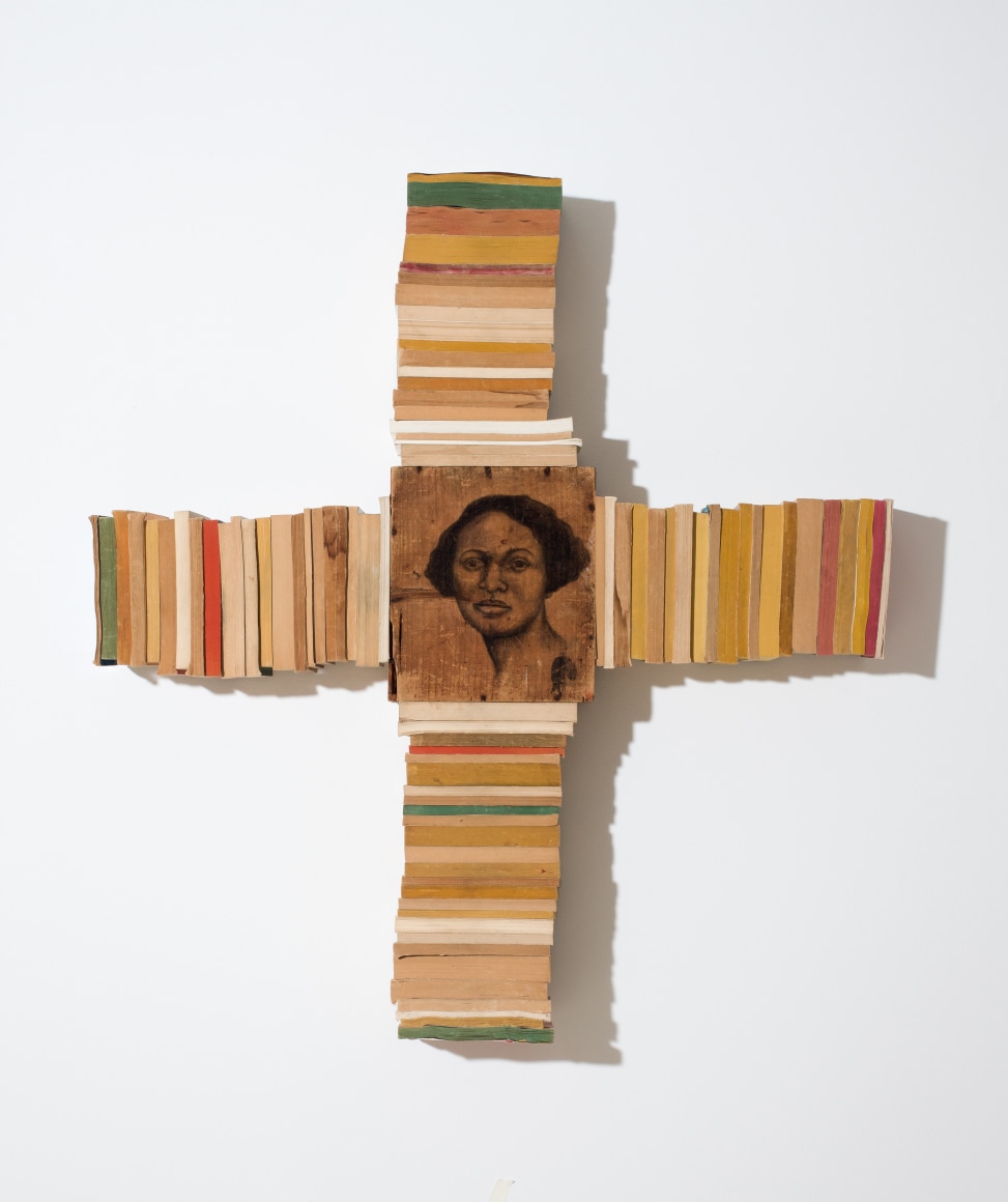 Whitfield Lovell Crossroads, 2012 Conte on wood with attached paperback books 39 x 36 x 5 inches