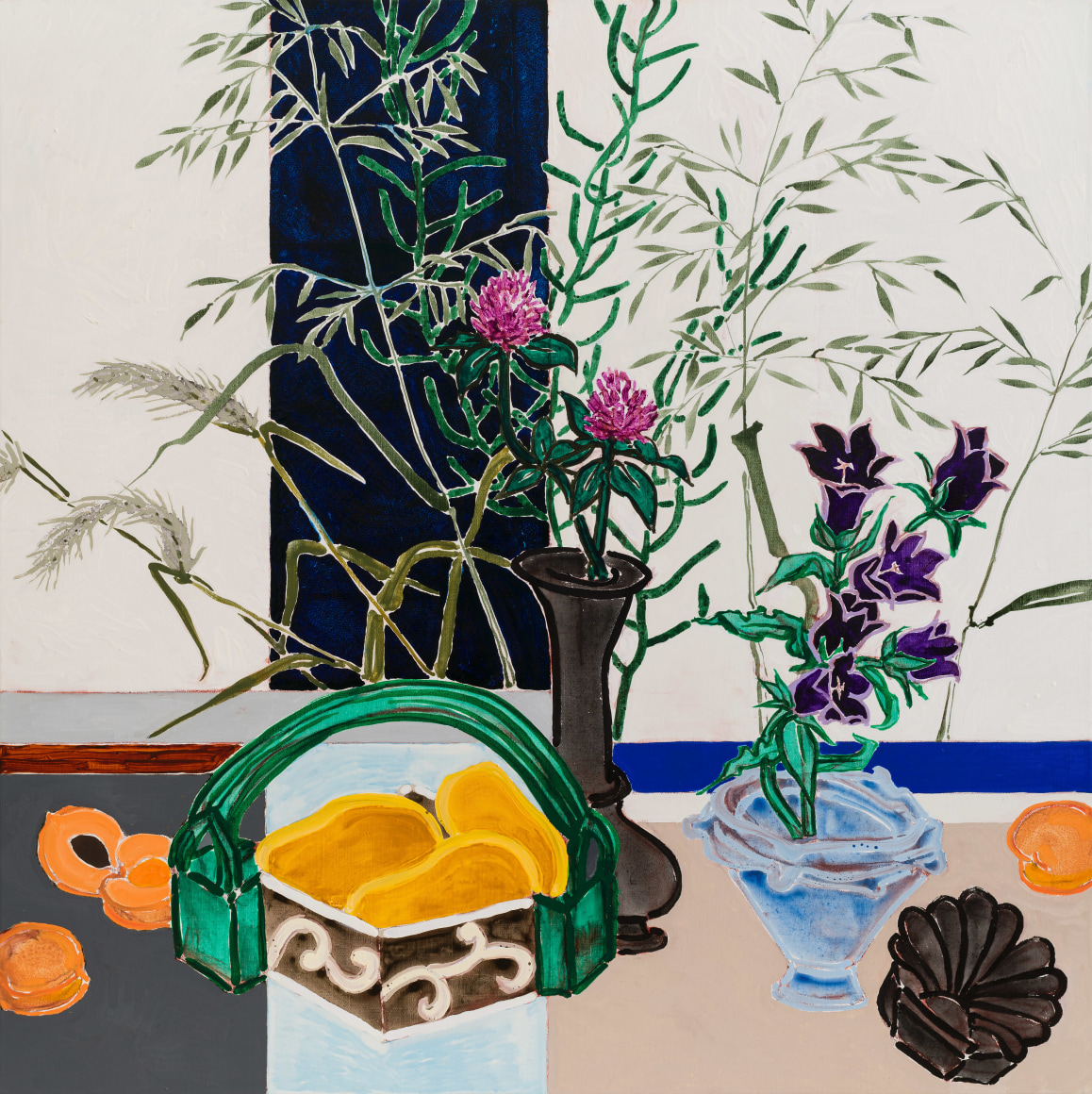 Mangoes and Apricots, 2023 Oil, acrylic, cont&eacute; crayon, and pencil on canvas 48 x 48 inches