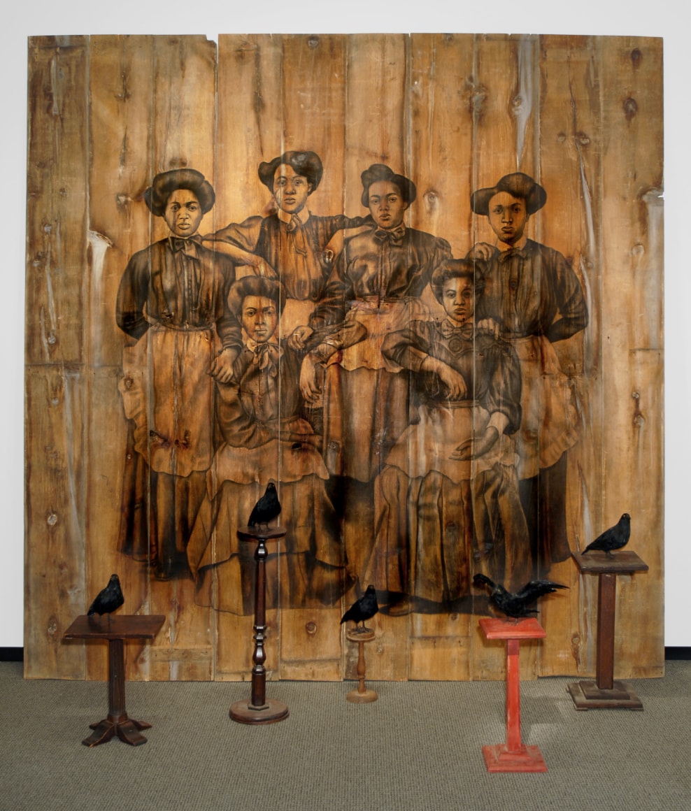 Servilis, 2006, Conte on wood, pedestals, stuffed bird replicas