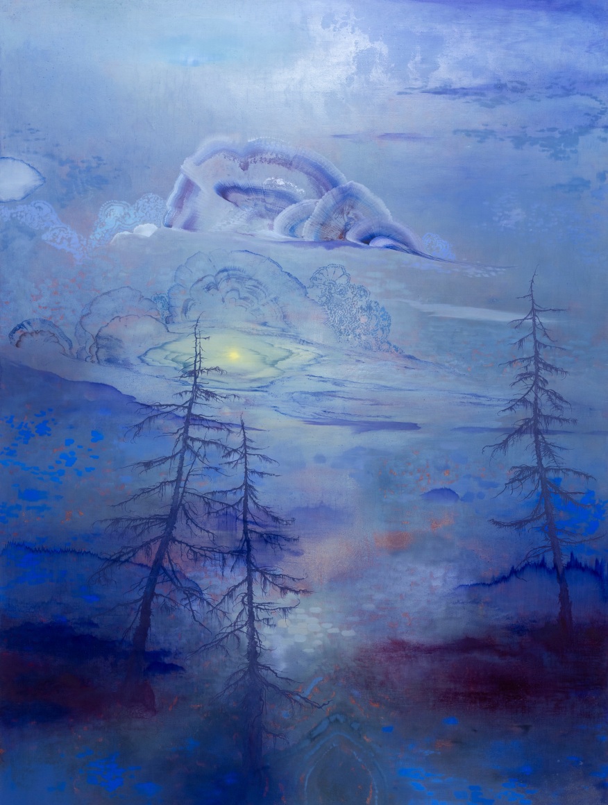 Three Brothers with Full Moon, 2025 Oil on wood panel 48 x 36 inches