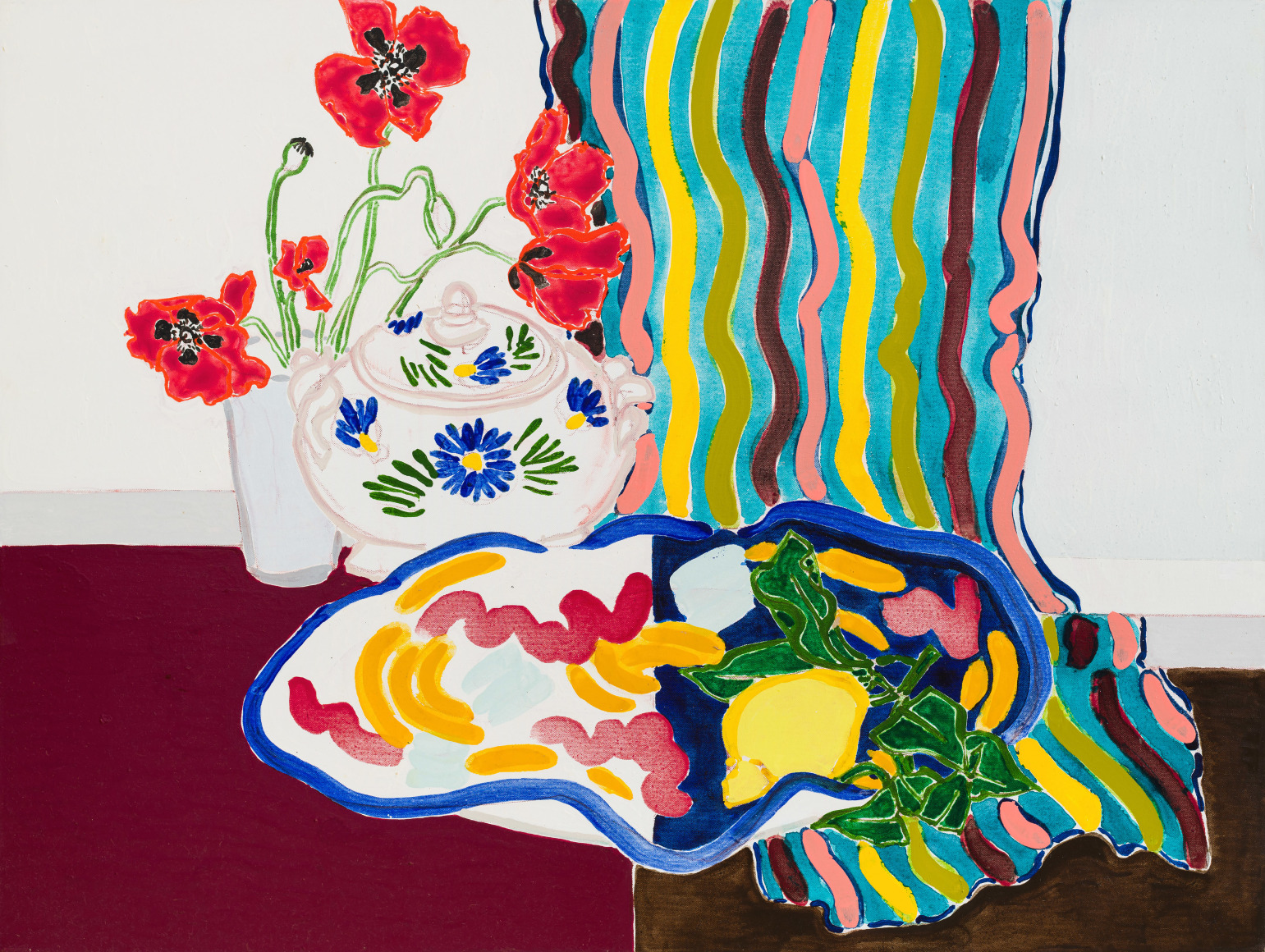 Antella Curtain and Window: Lemon and Poppies II, 2023 Oil, acrylic, cont&eacute; crayon, and pencil on canvas 36 x 48 inches