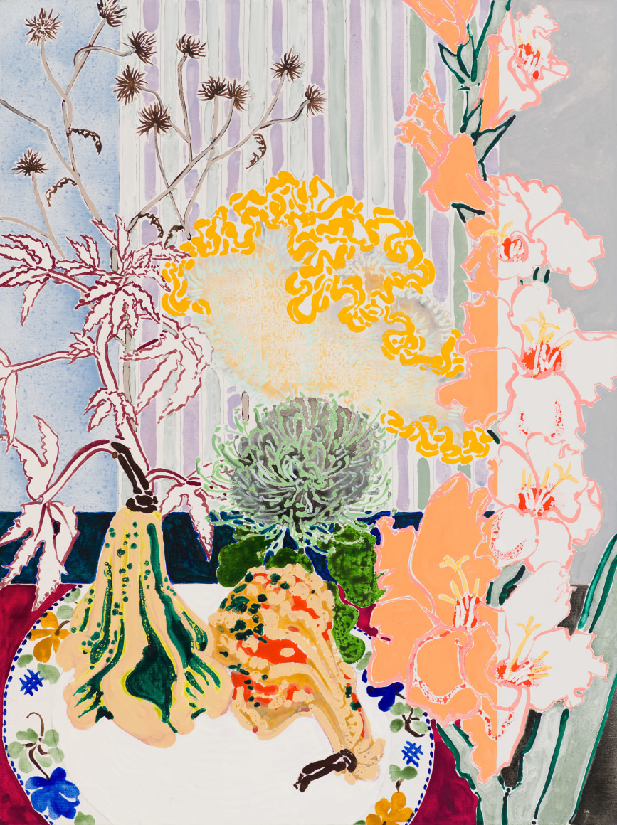 Still Life with Golden Celosia and Gourds, 2024 Oil, acrylic, and cont&eacute; crayon on canvas 48 x 36 inches