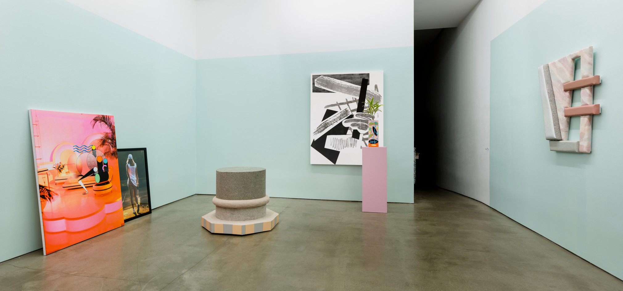 Installation of artworks in "Elysian Redux". Paintings and sculpture