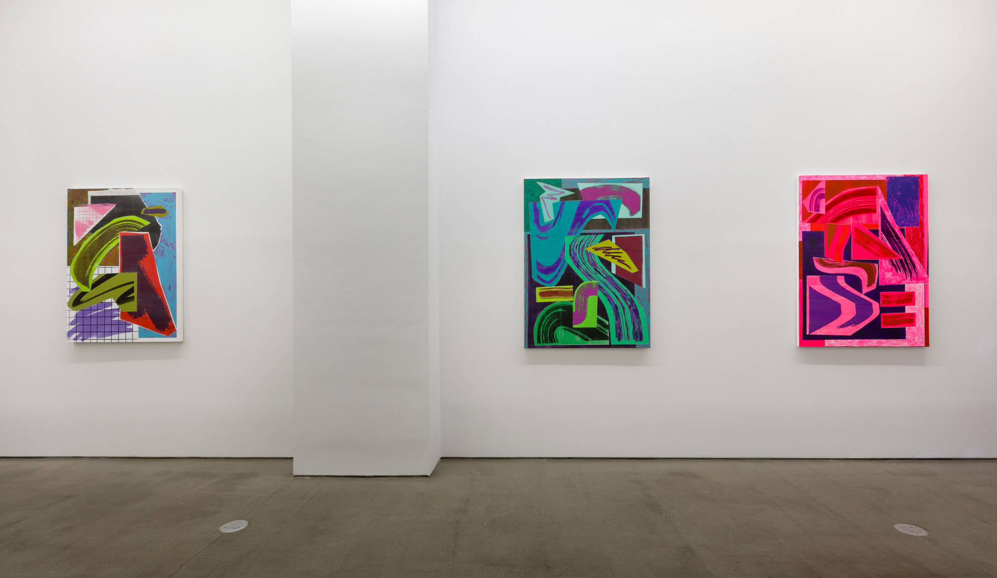 Installation view of paintings by Shane Walsh. Abstract paintings are hung in the gallery.