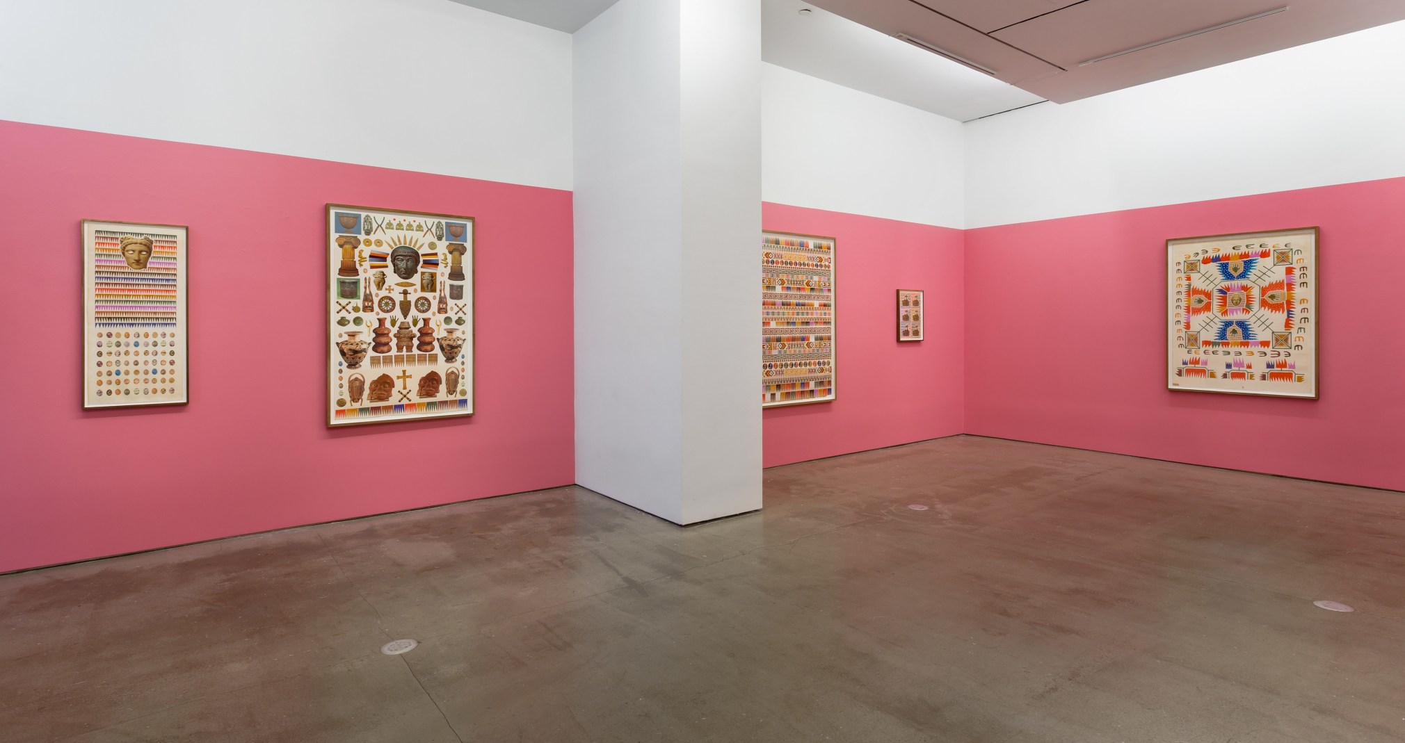 An installation view of Matthew Craven's solo exhibition, in which large and small framed collage pieces are hung on the gallery walls.