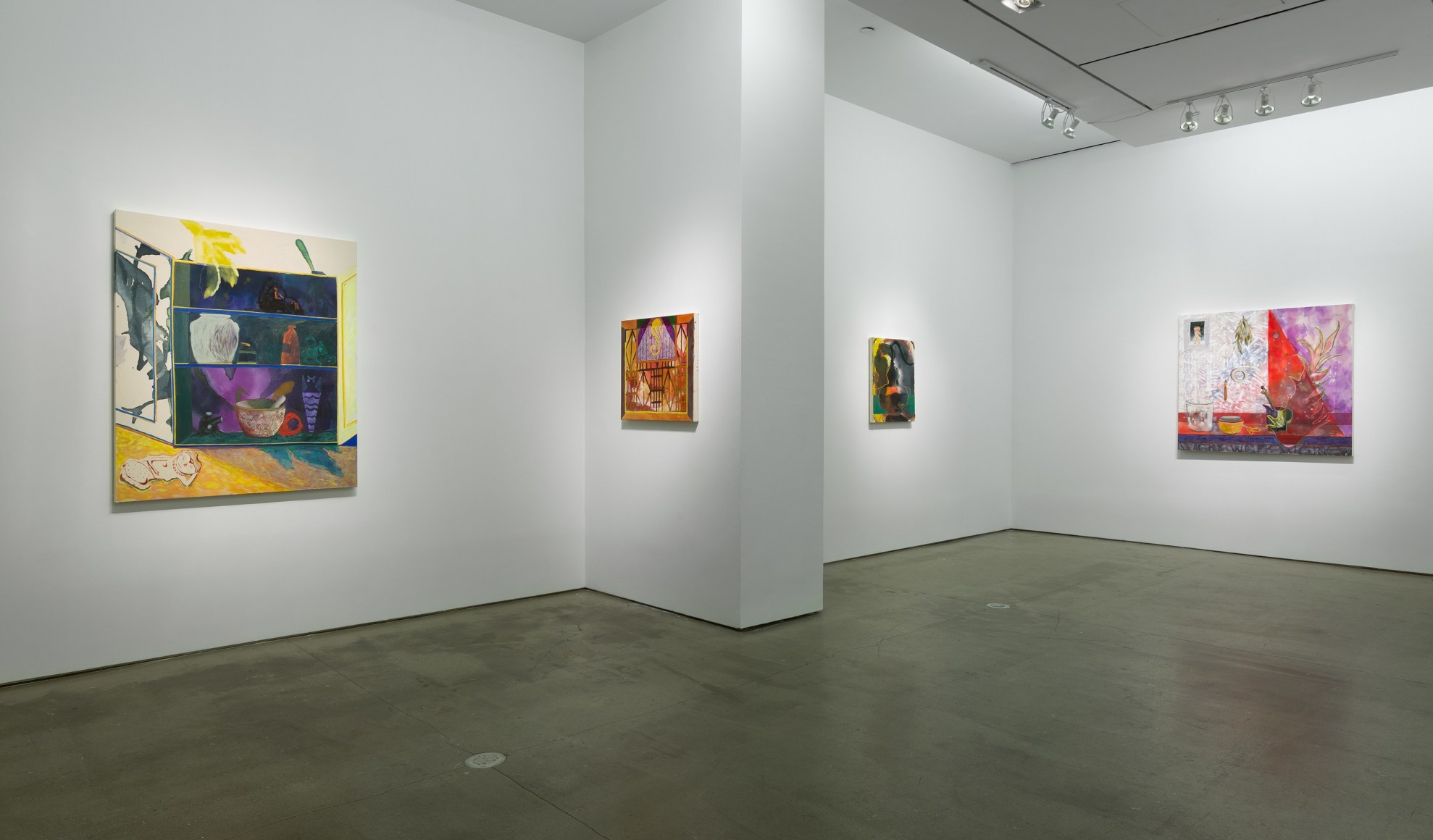 Installation view of Angelina Gualdoni's solo exhibition, showing paintings on the walls.