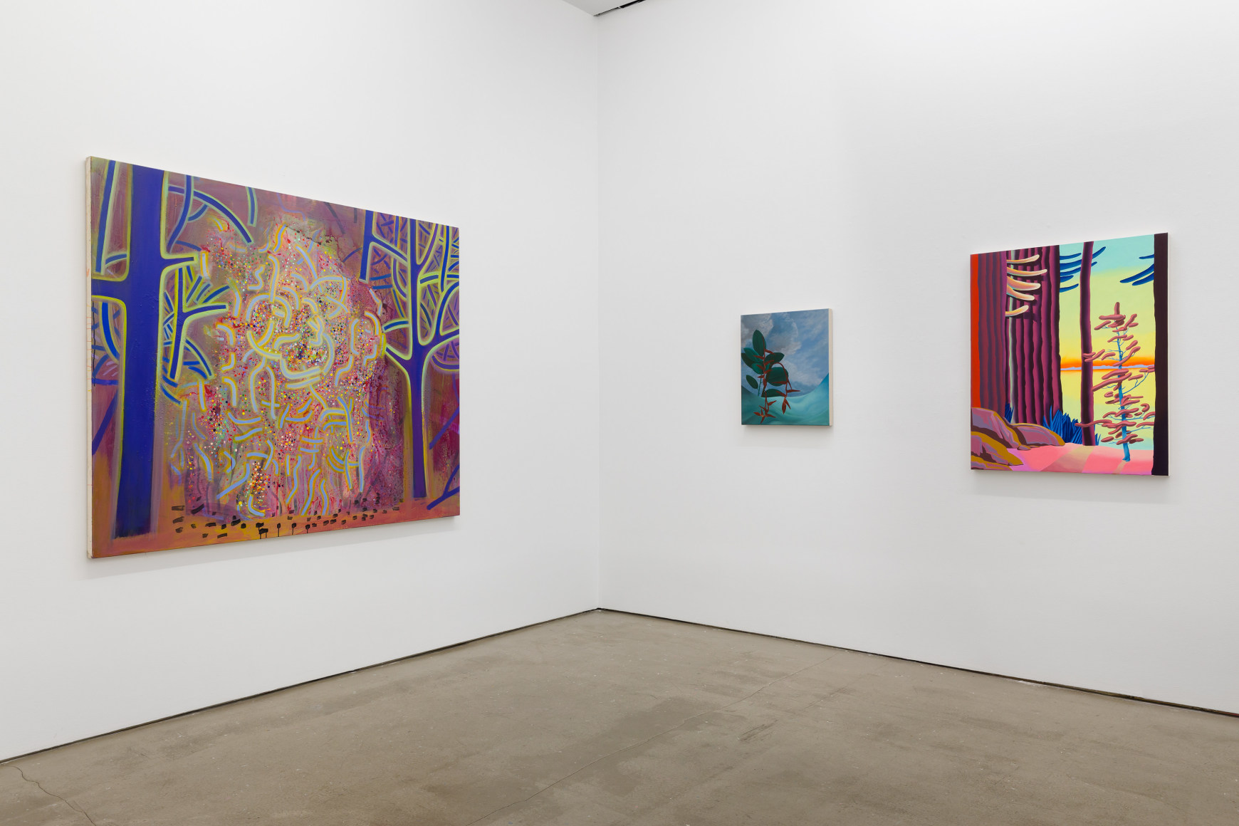Installation view of &quot;Plastic Garden&quot;, a group exhibition of painting and sculpture. There are three paintings