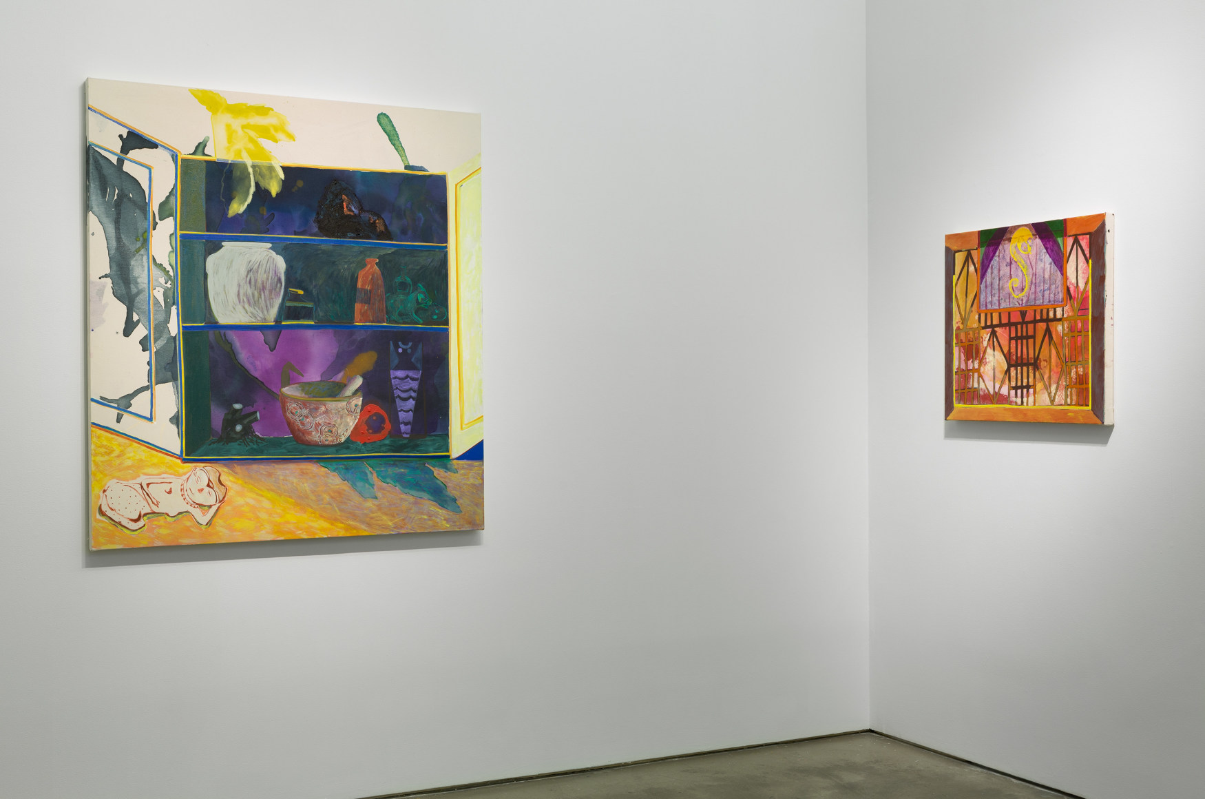 Installation view of Angelina Gualdoni's solo exhibition, showing two paintings on the walls.