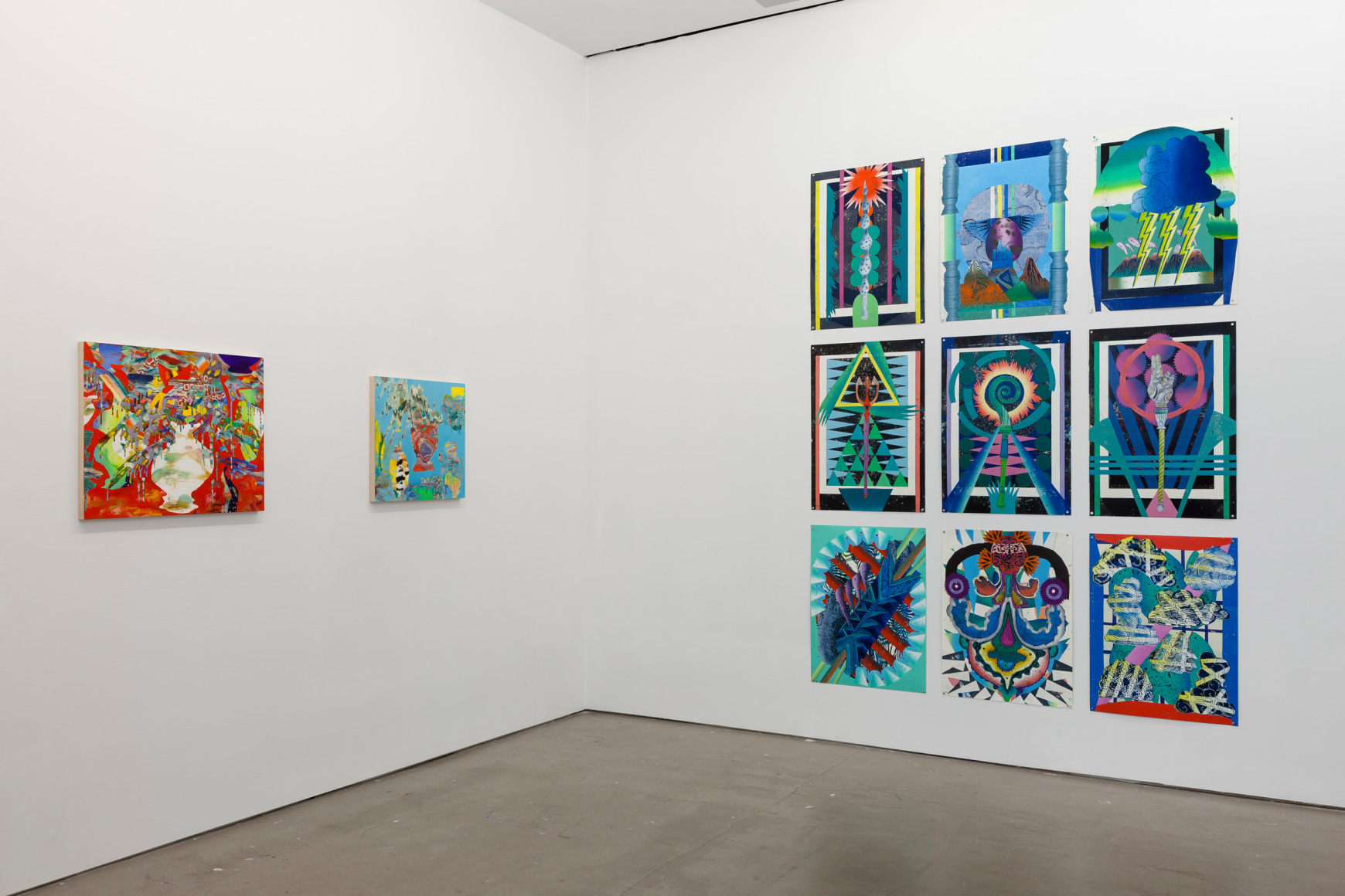 installation of paintings and linocuts